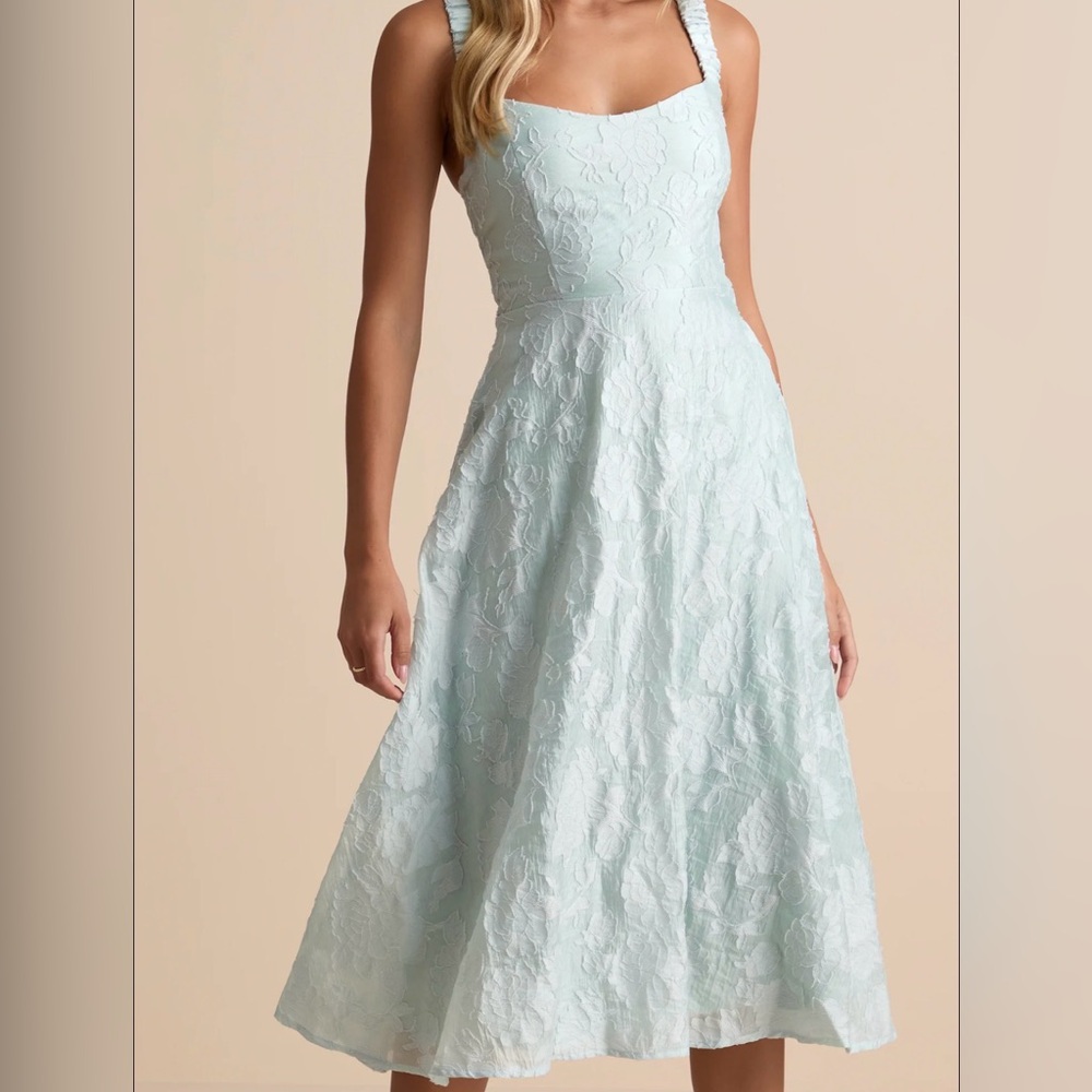 Lulu's Pristine Muse Mint Green Jacquard Skater Midi Dress
